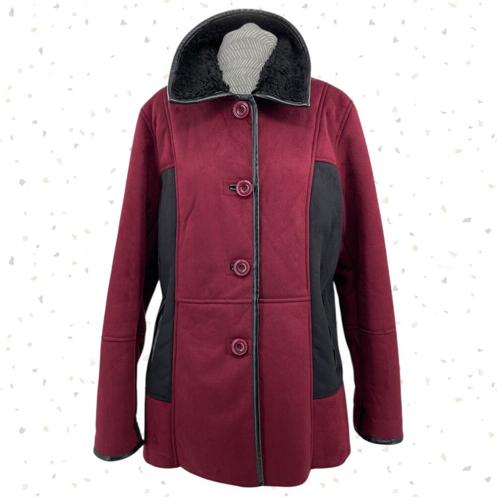 Coldwater Creek Faux Suede Sherpa Lined Coat Winter Jacket Burgundy Black Petite